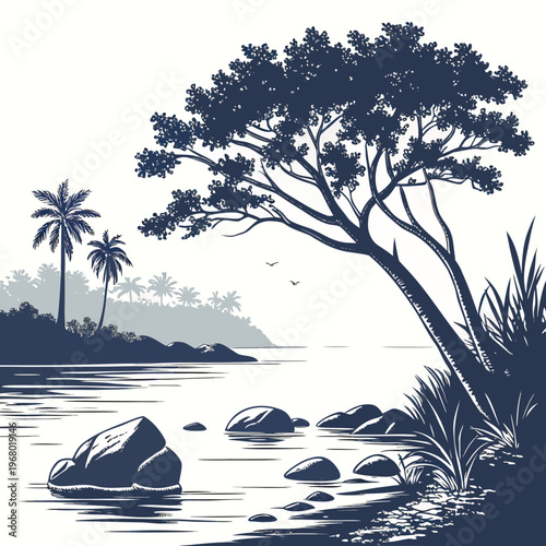 A tranquil coastal scene depicts silhouetted palm trees lush vegetation and a calm ocean under a bright sky high quality