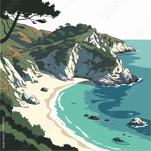 A stylized illustration depicts a rugged coastline with dramatic cliffs a sandy beach and the meeting of land and sea