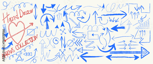 Blue Pen Arrow Collection - Hand Drawn Curved, Straight, and Short Arrows Blue Pen Scratch Doodle Collection - Hand Drawn Crayon Various Arrows, Curved, Wavy, and Straight Lines Vector Elements