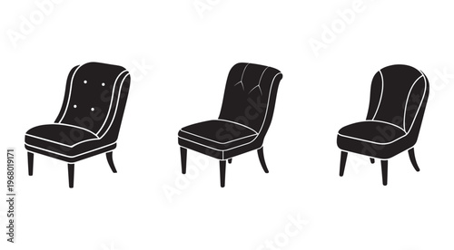 Three black chairs with white outlines in different styles and angles isolated on white background