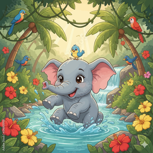 Cute cartoon elephant with animals happily playing in a colorful garden park