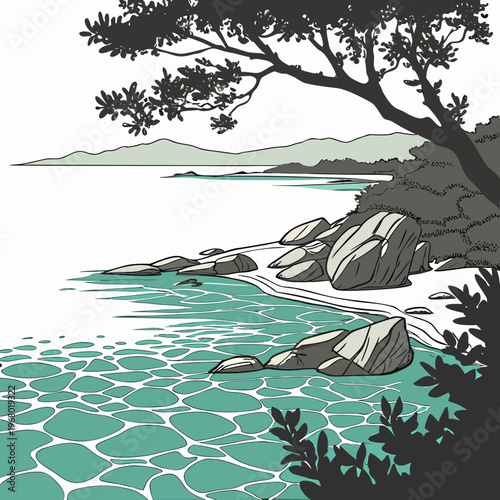A serene coastal landscape depicts a tranquil beach with rocky shores gentle waves and distant mountain silhouettes high quality professional