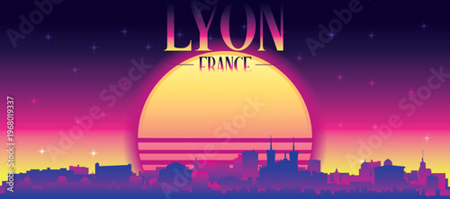 Purple generic retro futuristic synthwave panoramic poster of the city skyline with misty background sunset buildings of LYON, FRANCE