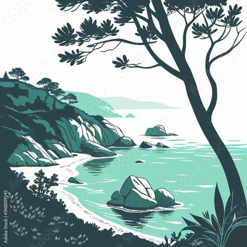 A serene landscape depicts a coastal scene with rolling green hills rocky shores and calm turquoise waters under a clear sky
