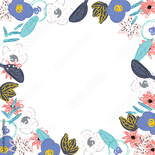 Hand drawn whimsical floral frame creating a vibrant border, featuring abstract flowers and leaves in a modern pastel color palette, ideal for invitations and spring designs