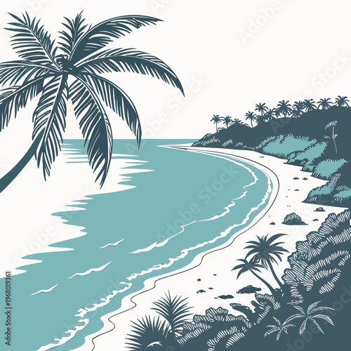 A stylized illustration depicts a serene tropical beach with gently rolling waves lush palm trees and a distant coastline