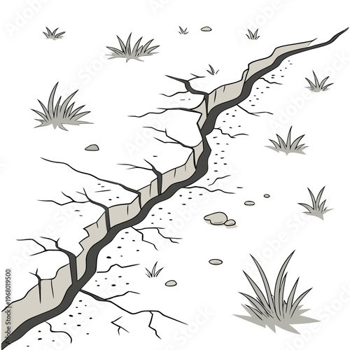 Quadro em tela A stylized illustration depicts a cracked dry earth surface with sparse vegetati