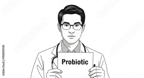 Male doctor character holding "Probiotic" sign, healthcare illustration.