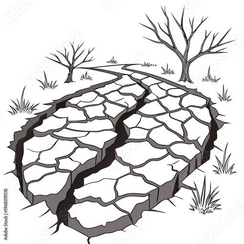 A stark illustration depicts a fractured earth landscape with bare trees and cracked ground symbolizing devastation and environmental stress