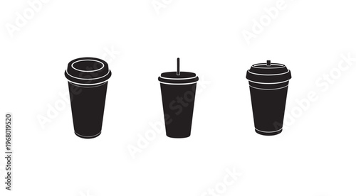 Three black disposable coffee cups with lids and straw on white background  take away coffee cups