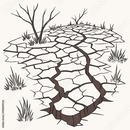 A stark illustration depicts cracked earth a withered tree and sparse vegetation symbolizing drought and environmental degradation high quality professional