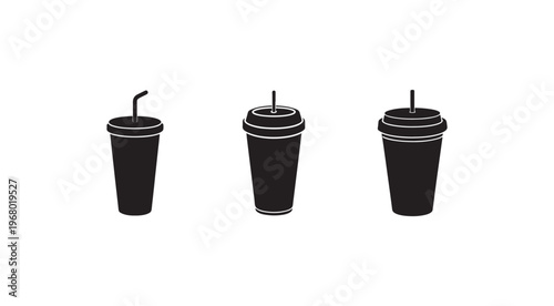 Three black disposable cups with lids and straws for cold drinks on white background