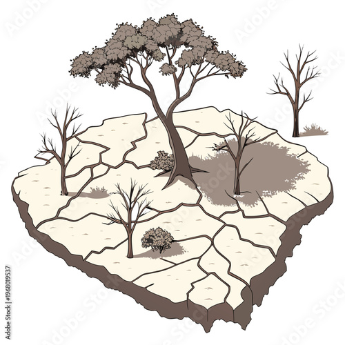 A desolate landscape depicts cracked earth sparse vegetation and withered trees illustrating the harsh effects of drought and environmental decay