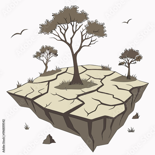A solitary tree stands on a fractured floating landmass with sparse vegetation and birds in a desolate scene high quality