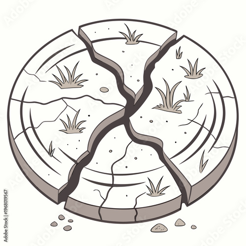 A circular illustration depicts a cracked barren landmass with sparse vegetation suggesting themes of fragility and environmental damage high quality