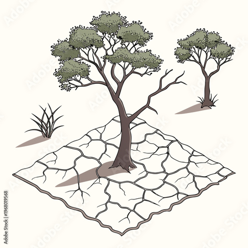 A stylized illustration depicts three trees growing on cracked arid land symbolizing drought and environmental stress high quality professional detailed
