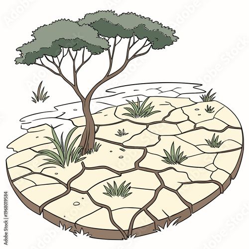 An illustrative depiction showcases a solitary tree growing on cracked arid land with sparse vegetation symbolizing drought conditions high quality