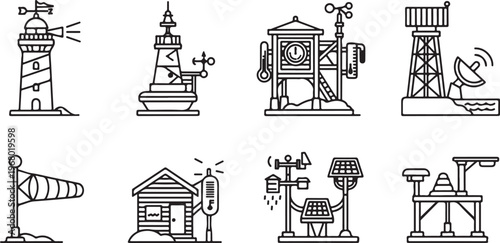 Various historical and industrial machines and apparatuses illustrated in black and white Vector