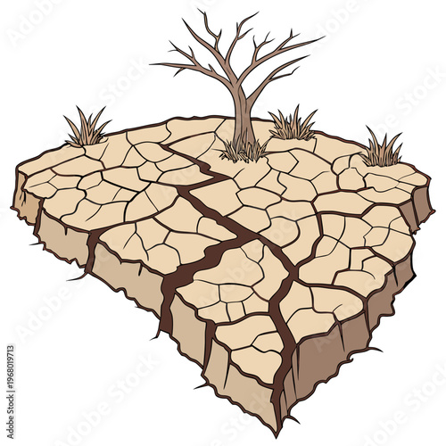 A stark isolated landform depicts a cracked barren earth with a single leafless tree struggling for survival high quality professional