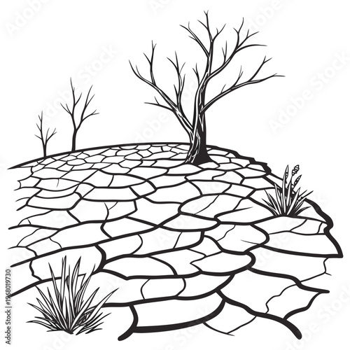A stark black and white illustration depicts a desolate cracked landscape with sparse trees and dry vegetation high quality professional