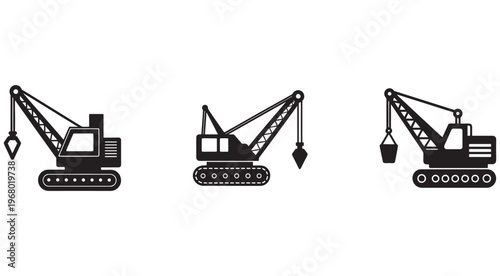 Three black excavator cranes with different attachments for digging and lifting heavy loads on construction sites  industrial equipment