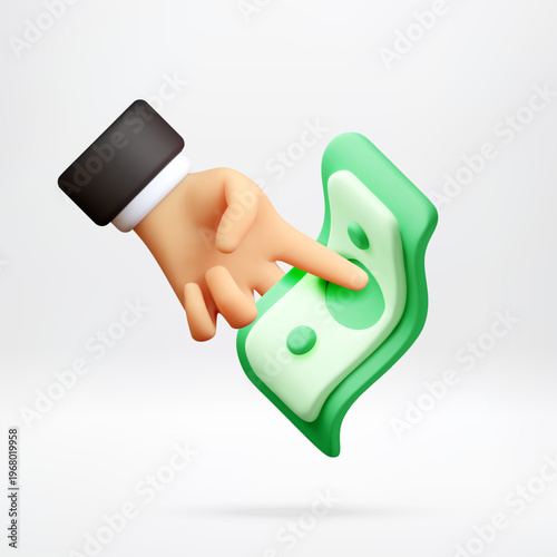 3D Hand scissors pose cutting dollar banknote icon. Render cutting money. Concept of big discount, half price, overspending or price cut. Losing money or financial crisis. Vector Illustration