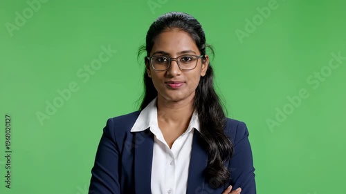 Confident professional woman with glasses smiling against green screen