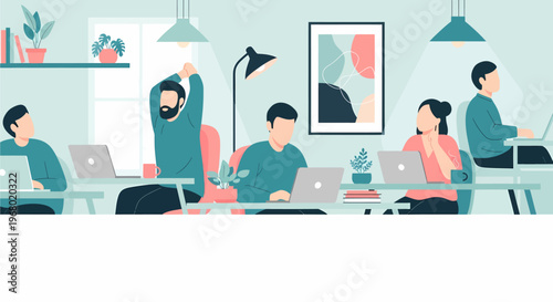 A modern office interior with several diverse people working on laptops and one person stretching, depicting a collaborative and productive work environment.