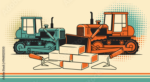 Retro style illustration of construction site equipment with two bulldozers, bricks, and trowels.