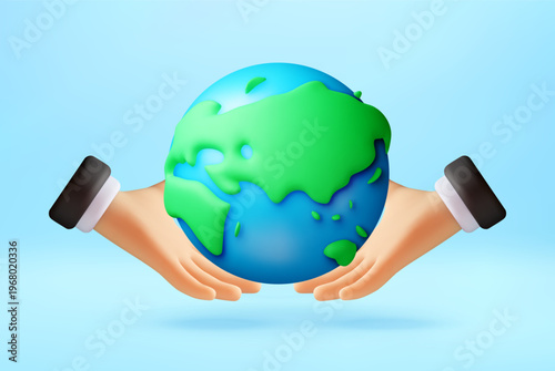 3D Cartoon hands holding Earth globe. Planet in palms. Concept of ecology, world peace, global sustainability, environmental protection or international cooperation. Vector Illustration