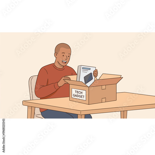 Man sitting at table unpacks tech gadget from cardboard box