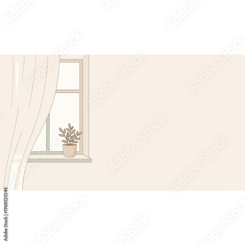 A serene interior scene with a potted plant on the windowsill, partially covered by curtains.