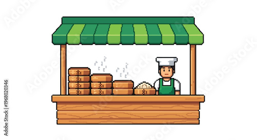 A pixel art illustration of a street food stall featuring a vendor behind a counter with steaming bamboo baskets under a green striped awning.