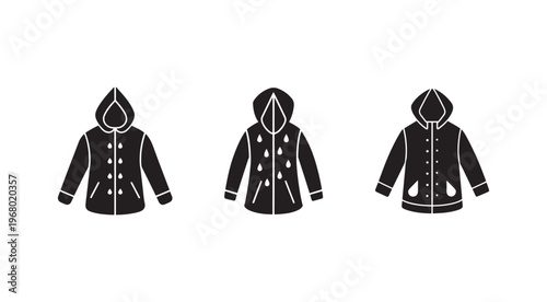 Three black hooded jackets with different designs  rain or water drops on the front  isolated on white background
