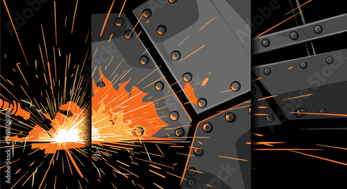 Dynamic illustration of metal welding with bright sparks and riveted steel plates, showcasing industrial fabrication process and heavy-duty construction.
