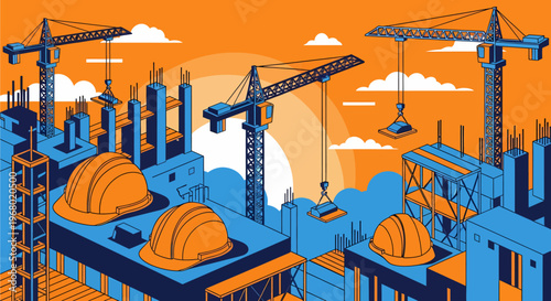 Vibrant illustration of a bustling construction site with multiple cranes, unfinished buildings, and safety helmets under an orange sky.