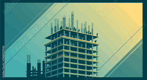 An illustration of a multi-story building under construction, featuring exposed rebar and a modern, graphic design aesthetic with a gradient sky.