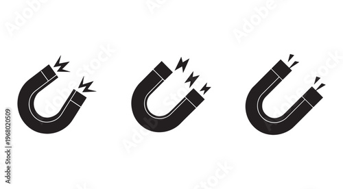 Three black horseshoe magnets with electric sparks on white background  magnetic field and attraction concept
