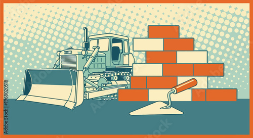 Pop art illustration of a bulldozer next to a brick wall under construction with a trowel and mortar, depicting heavy machinery and building work.