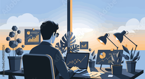 A person working diligently at a modern office desk with multiple screens displaying data analytics, bathed in natural light from a large window overlooking a serene sky.