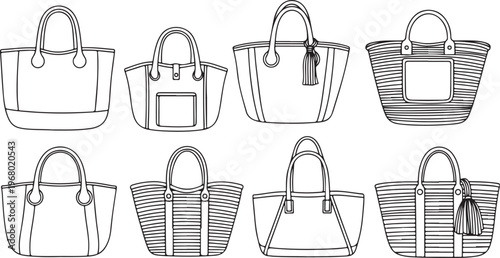 Various styles of handbags and purses illustrated from different angles Vector