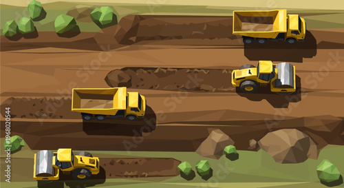 Aerial view of a construction site with yellow dump trucks and road rollers working on dirt roads and trenches.