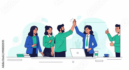 Diverse business team celebrating success with a high-five in a modern office, showcasing collaboration and achievement.