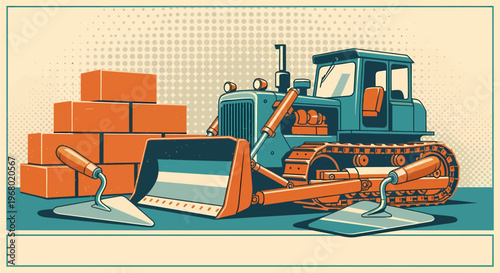 A detailed illustration of a bulldozer, bricks, and masonry trowels, depicting construction and building work.
