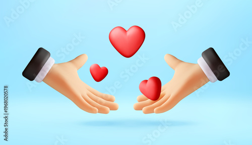 3D Two hands holding floating red hearts. Benevolence and care. Concept of love, charity, kindness and support. Graphic element for valentine day celebration. Vector Illustration