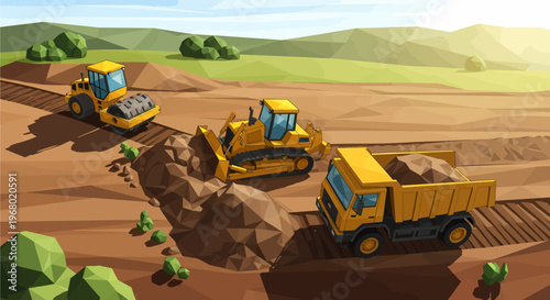 Low-poly illustration of heavy construction machinery working on a dirt road project under a clear sky with green hills.