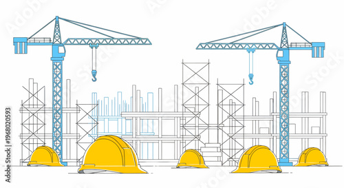 Illustration of a construction site with two tower cranes, scaffolding, partially built structures, and yellow hard hats.