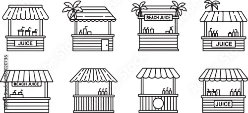 A series of cartoon juice vending machines with varying designs and labels Vector