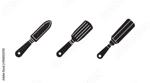 Three black kitchen knives with handles isolated on white background