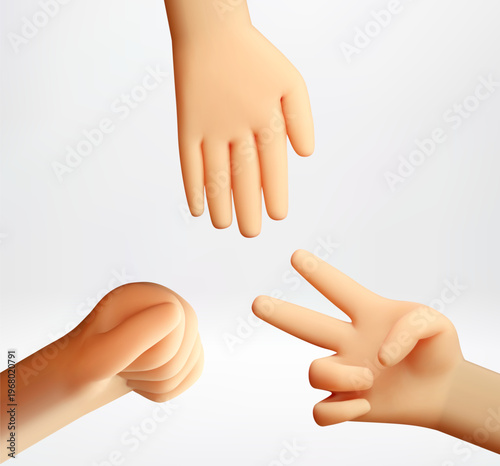 3d cartoon hands playing rock paper scissors. Set of stylized gestural hands showing gestures for game. Digital design element for UI interface, mobile app and community. Vector Illustration